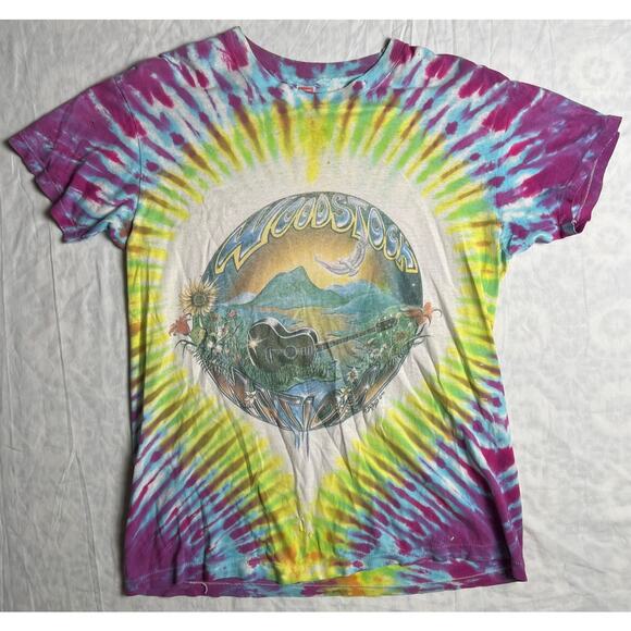 Vintage 80's Woodstock Nation Boot Hanes Size Large 100% Cotton Tie-Dye T-shirt - Picture 1 of 9